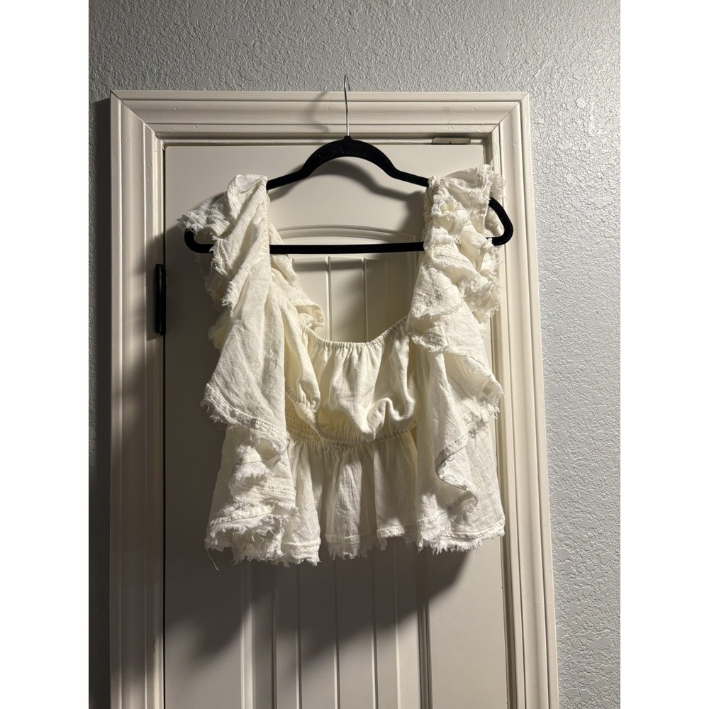 Free People Ruffle Crop Top Womens Large Ivory Boho Smocked Raw Hem
